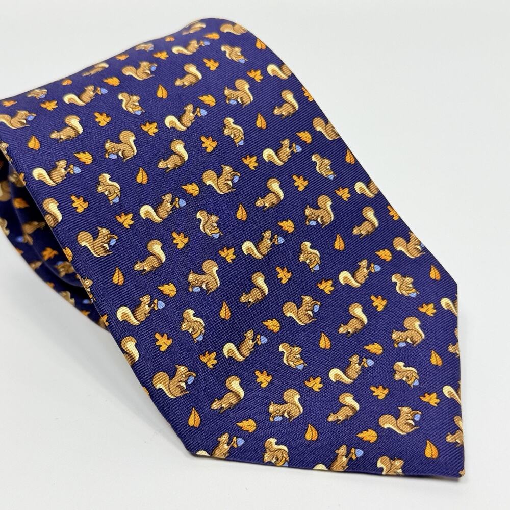 Brooks Brother Makers 3.5" Neck Tie Squirrel Acorns Blue Brown Silk Fall Nut
